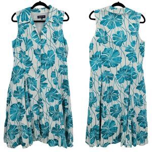 Jones New‎ York Sleeveless Button Front Pinafore Midi Dress 16 Aqua Floral Retro